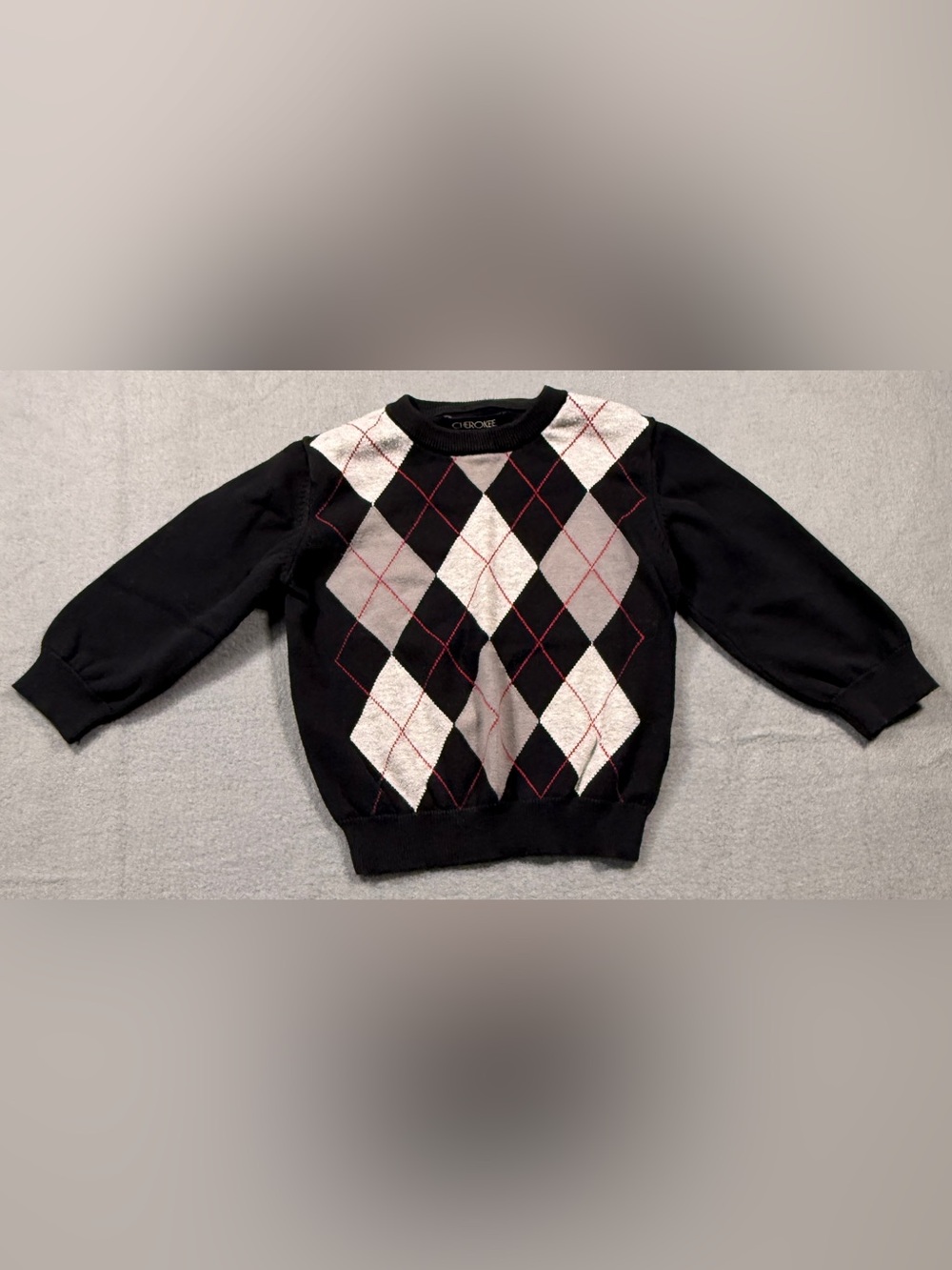 Cherokee Black Crewneck Sweater with Gray Argyle and Red Accents